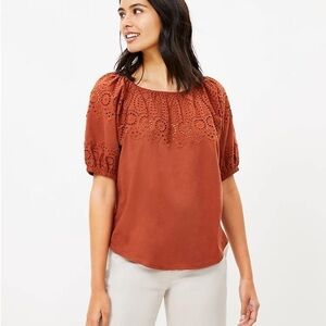 Orange cotton blouse puff sleeve. Fall top. Loft size small. Autumn.